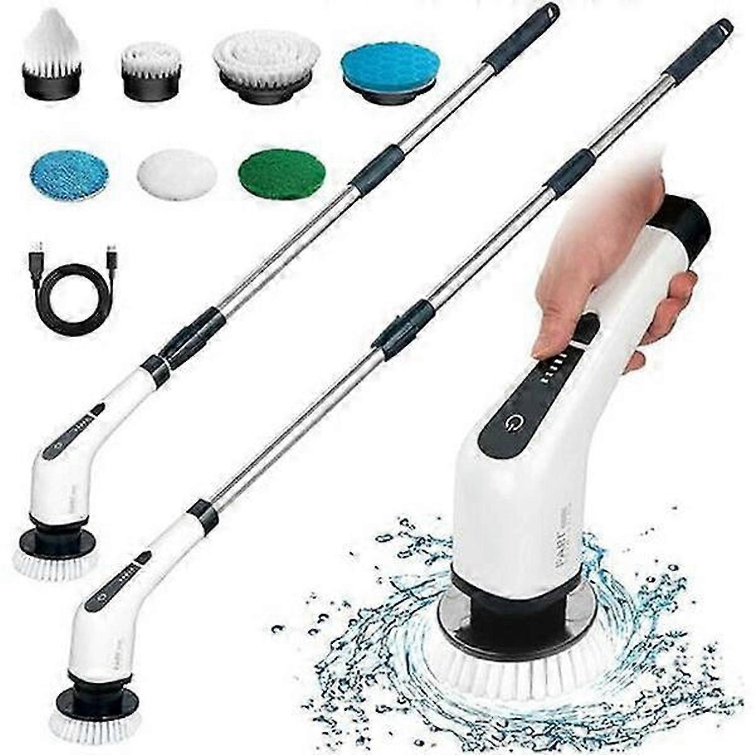 Electric cleaning brush with 7 replaceable brush heads and adjustable handle length