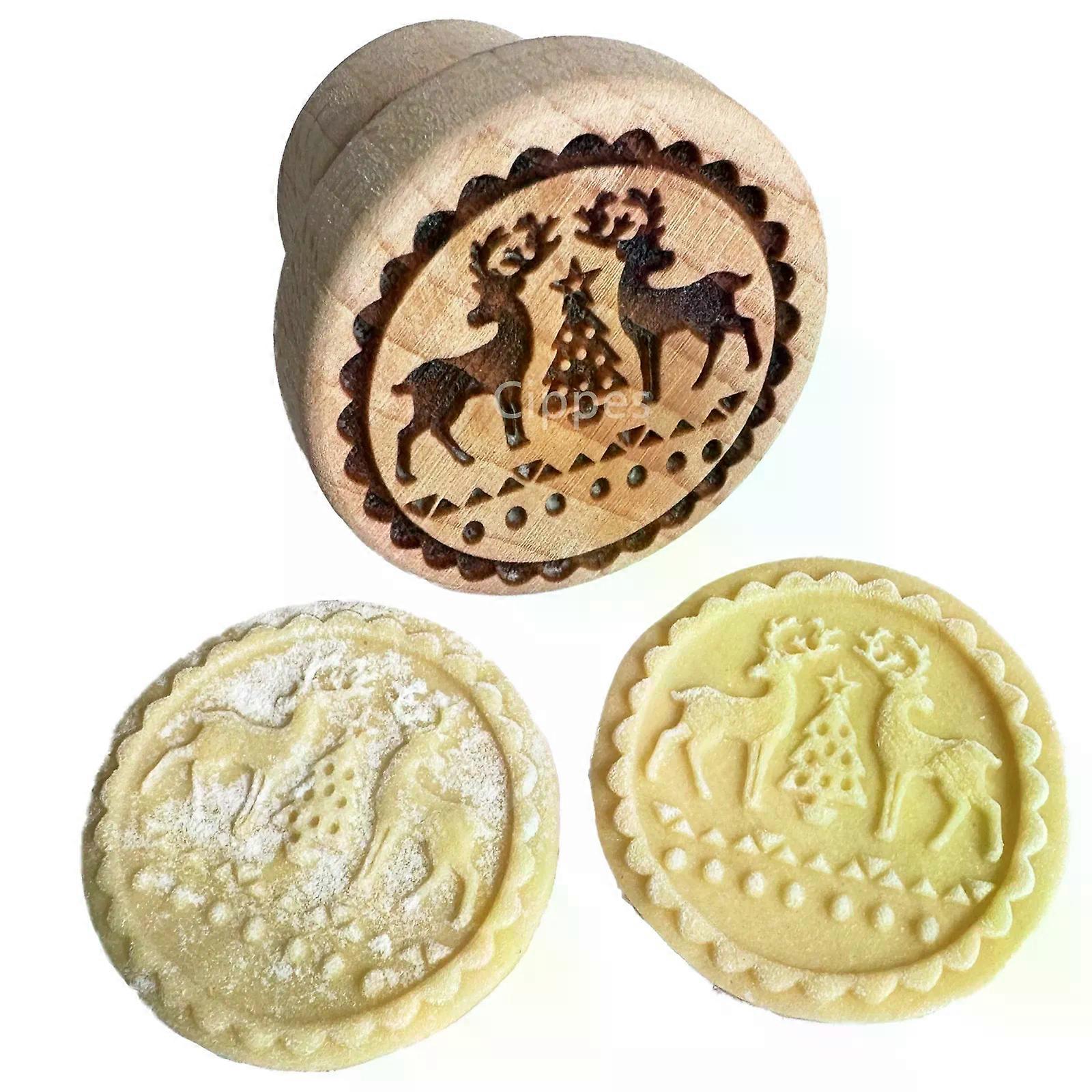 Wooden Cookie Stamp Cookie Mold for Christmas with Reindeer Snowman Pattern Round Embosser Baking Tools for Biscuit Cutter