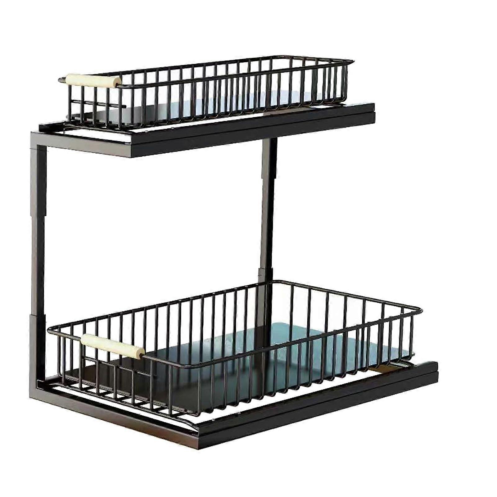 Under Sink Cabinet Shelf Slide Out Double Layer Drawer Storage Organizer, Carbon Steel, Black, For Bathroom And Kitchen