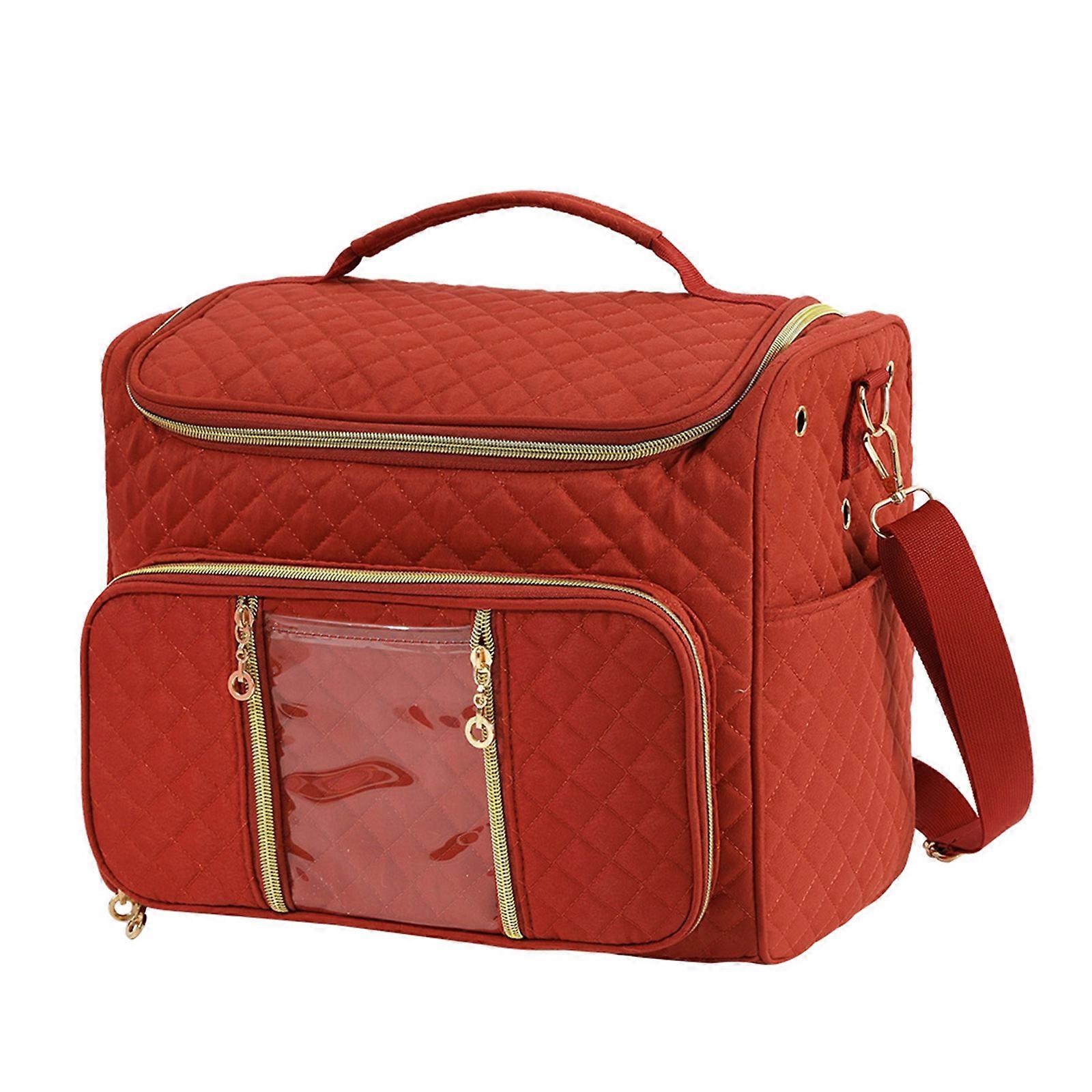 Hanging Crochet Yarn Holder With Adjustable Hook Multiple Pockets For Needle Scissors And Dustproof Construction  Rust Red