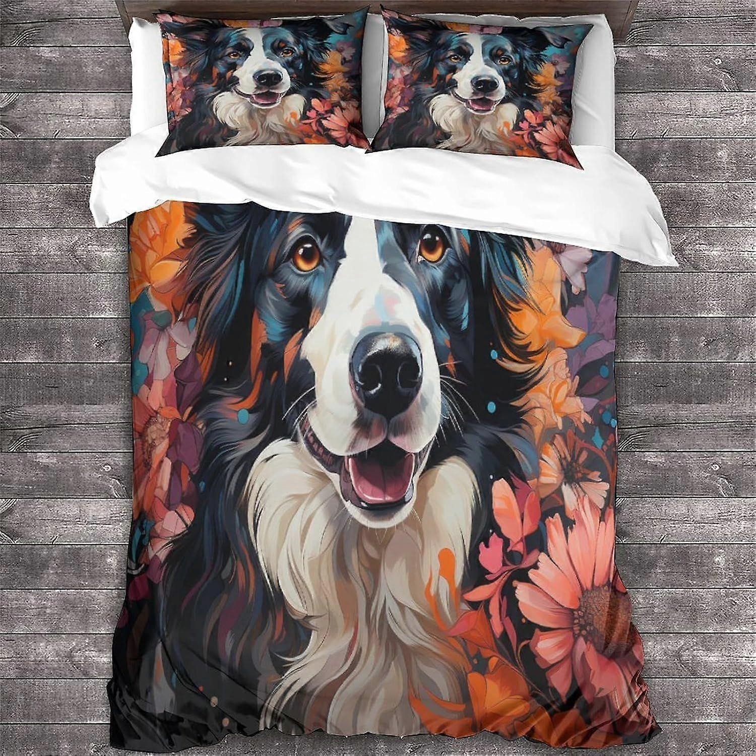 LikeEj 3 peças Border Collie capa de edredom com fronhas, cão estampa roupa de cama conjunto com fecho de zíper, animal colcha de retalho dupla