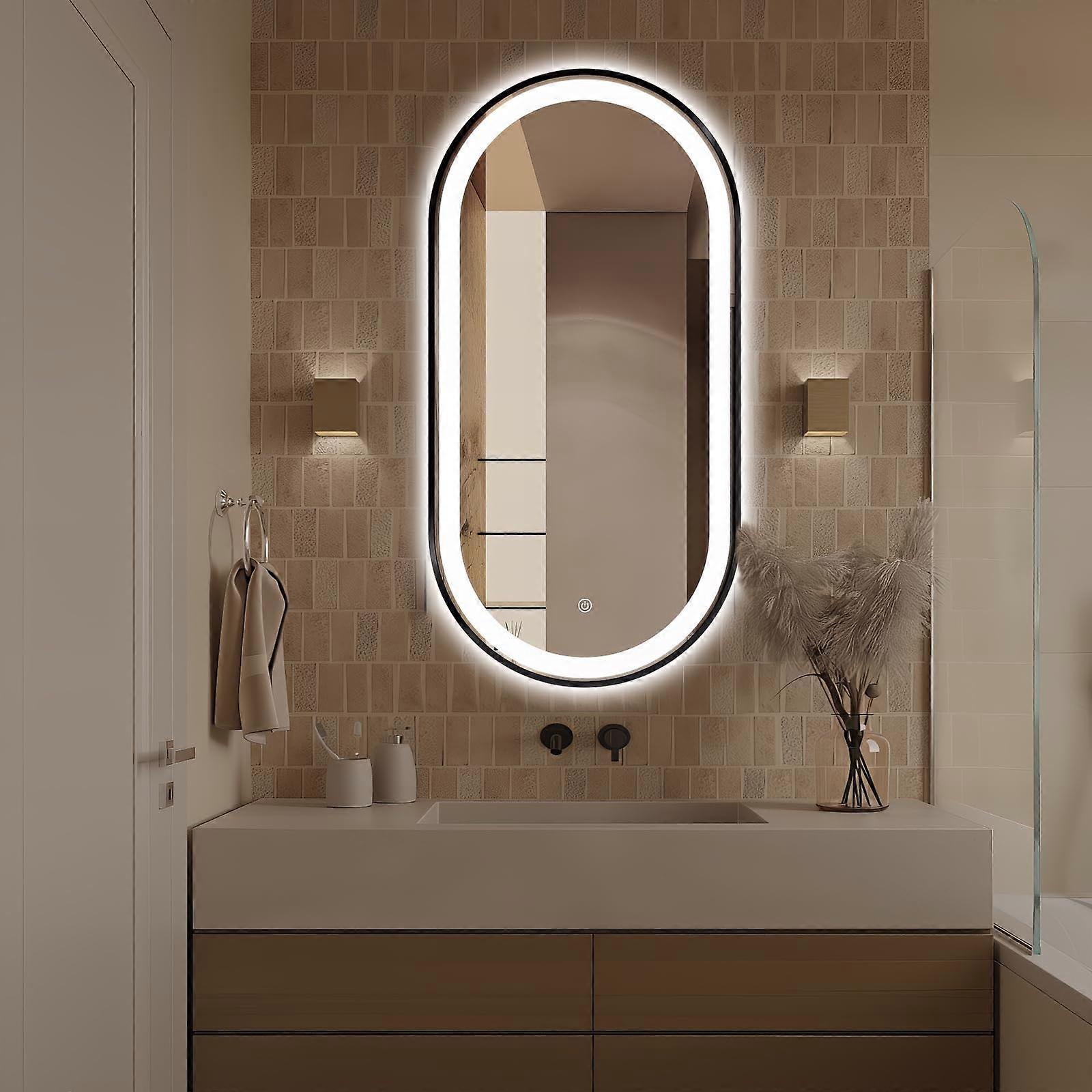 48'x24' Oval LED Bathroom Mirror with AntiFog, Black Frame, Dimmable Wall Mounted Vanity Mirror