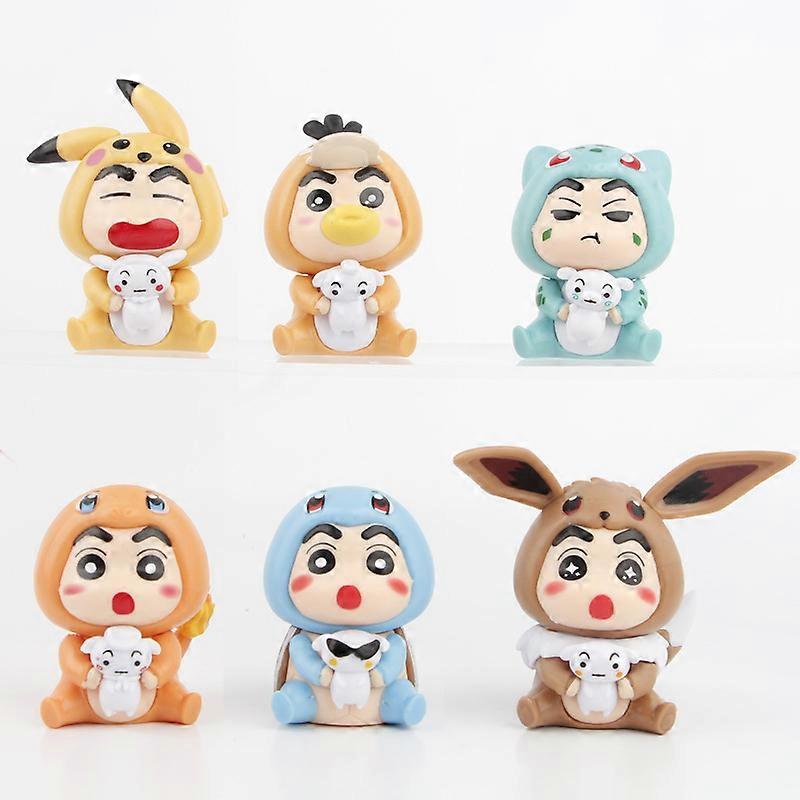 6pcs/set Crayon Shin-chan as pokemon Eevee Pikachu Bulbasaur Charmander Squirtle Psyduck Action Figure Toys About 5-8 CM