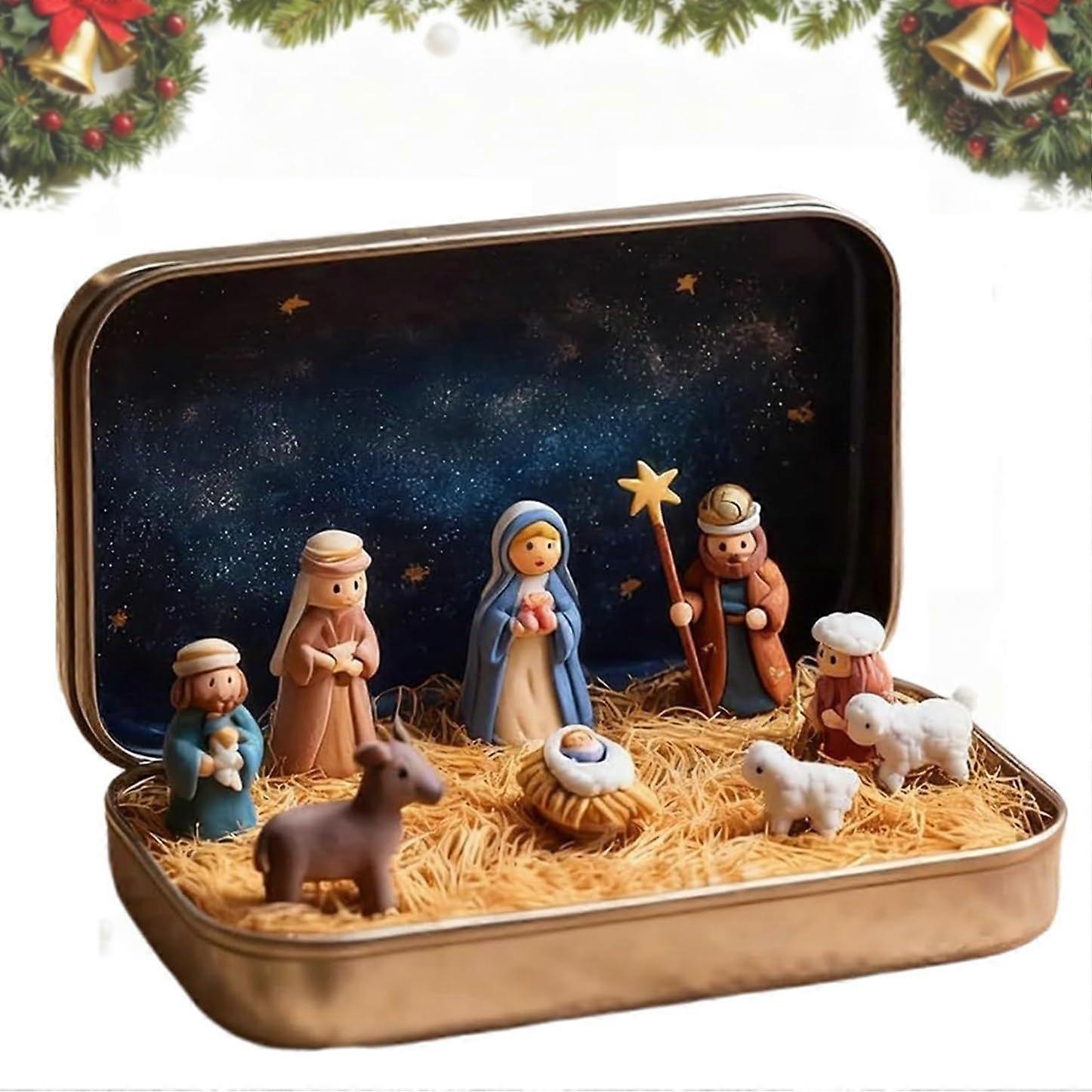 Mini Nativity Set Handcrafted Figures in Travel Tin Box, Pocket Bethlehem Scene Christian Gift