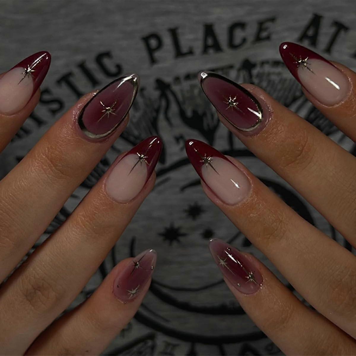 Almond French Tip Press On Nails with Glue, Ombre Silver Line Design, Reusable 24Pcs Set