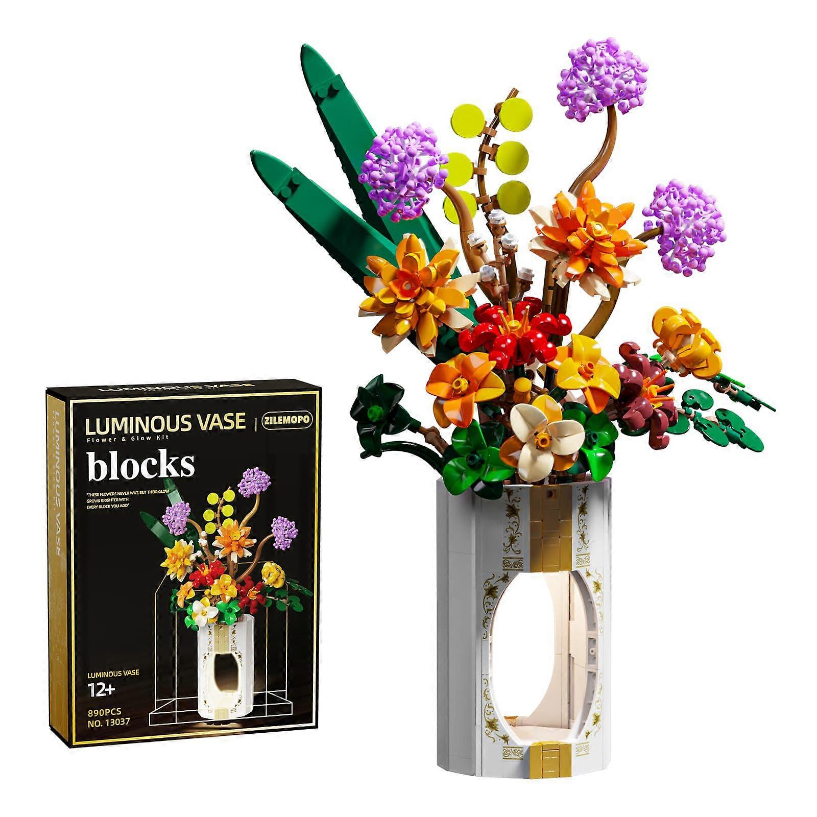 Artificial Flowers Bouquet Set with Luminous Vase, 890 PCS DIY Arrangement for Elegant Home Decor