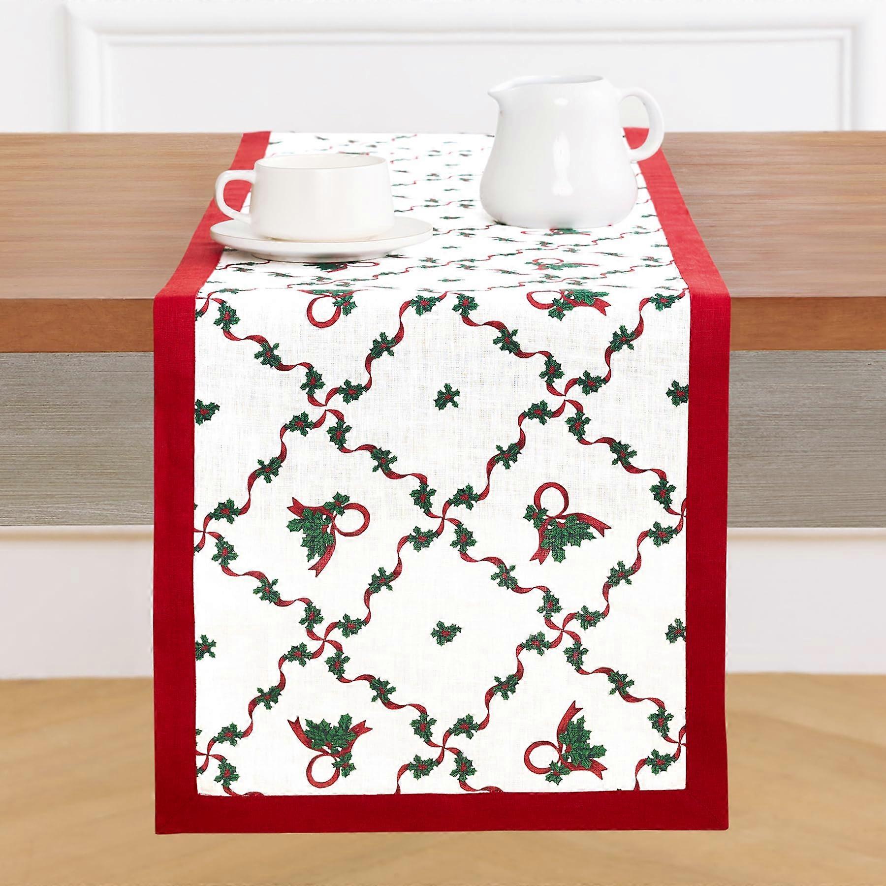 Christmas Linen Table Runner 14 x 90 Inch Red and Green Festive Handcrafted Machine Washable