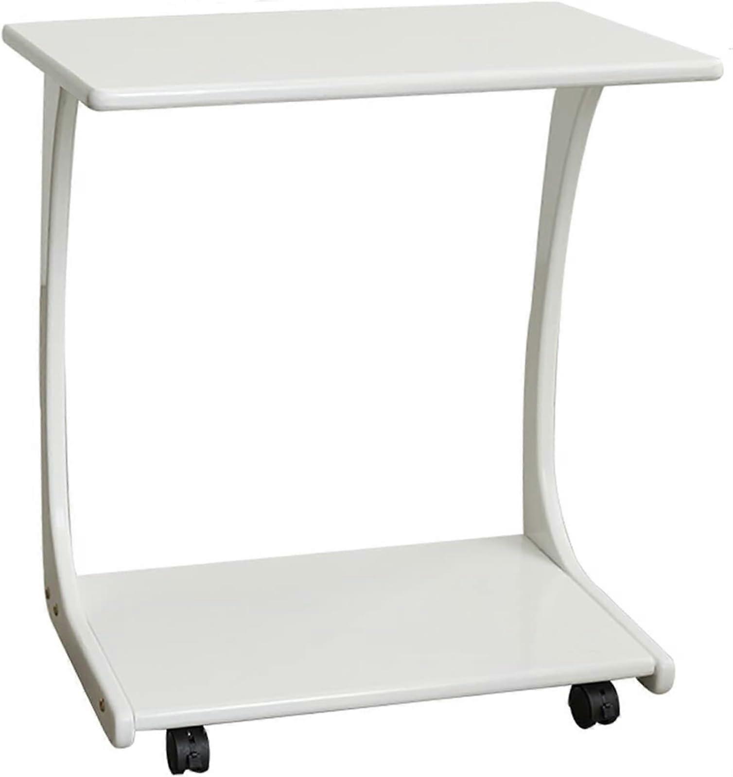 C Shaped Wooden Side Table with Wheels, 2 Tier Bedside End Table for Small Spaces, 60x40x63cm