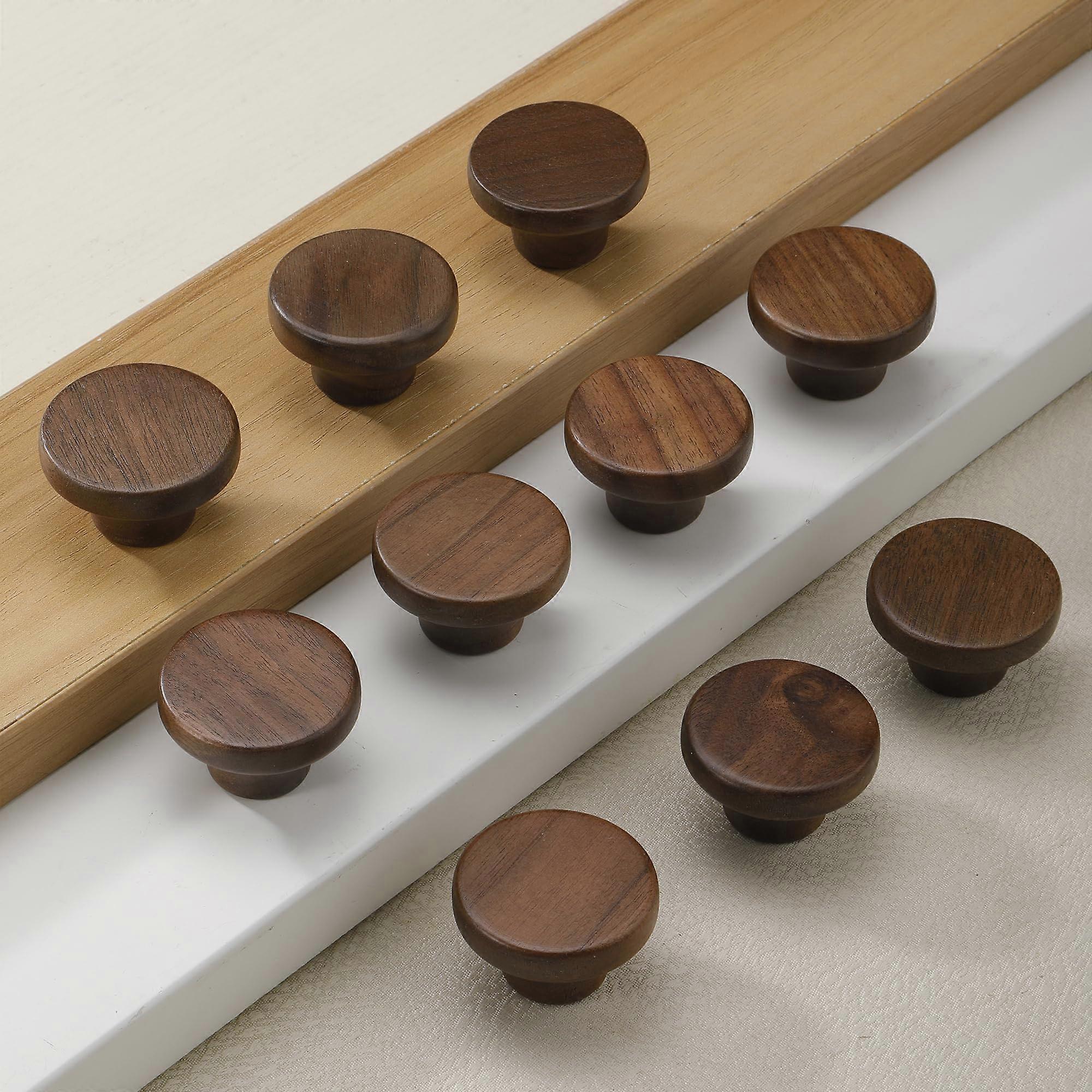 10 Pack Walnut Cabinet Knobs 39mm Round Wood Drawer Pulls Single Hole Handles for Dresser Wardrobe