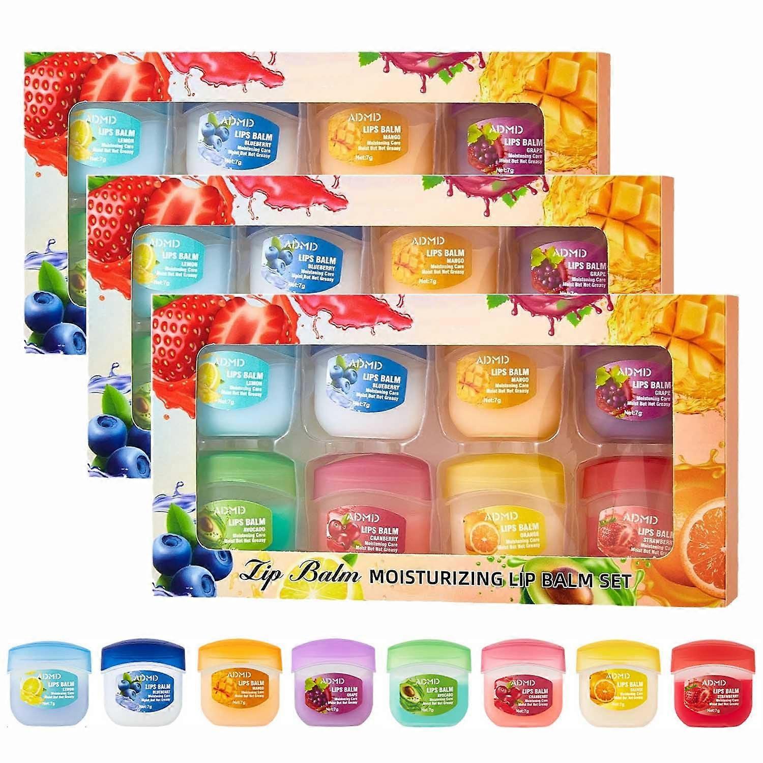 Lip Balm Set 8PCS Fruit Flavored 4in1 Moisturizing Mini Gift Pack for Hydration and