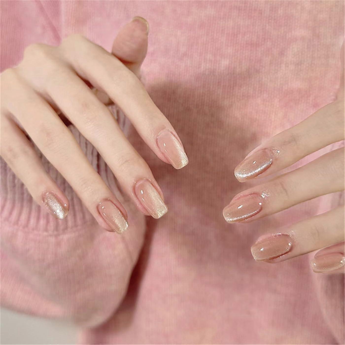 Long Coffin Press On Nails Set with Diamond Cat Eye French Tips, 24pcs Easy Quick Application