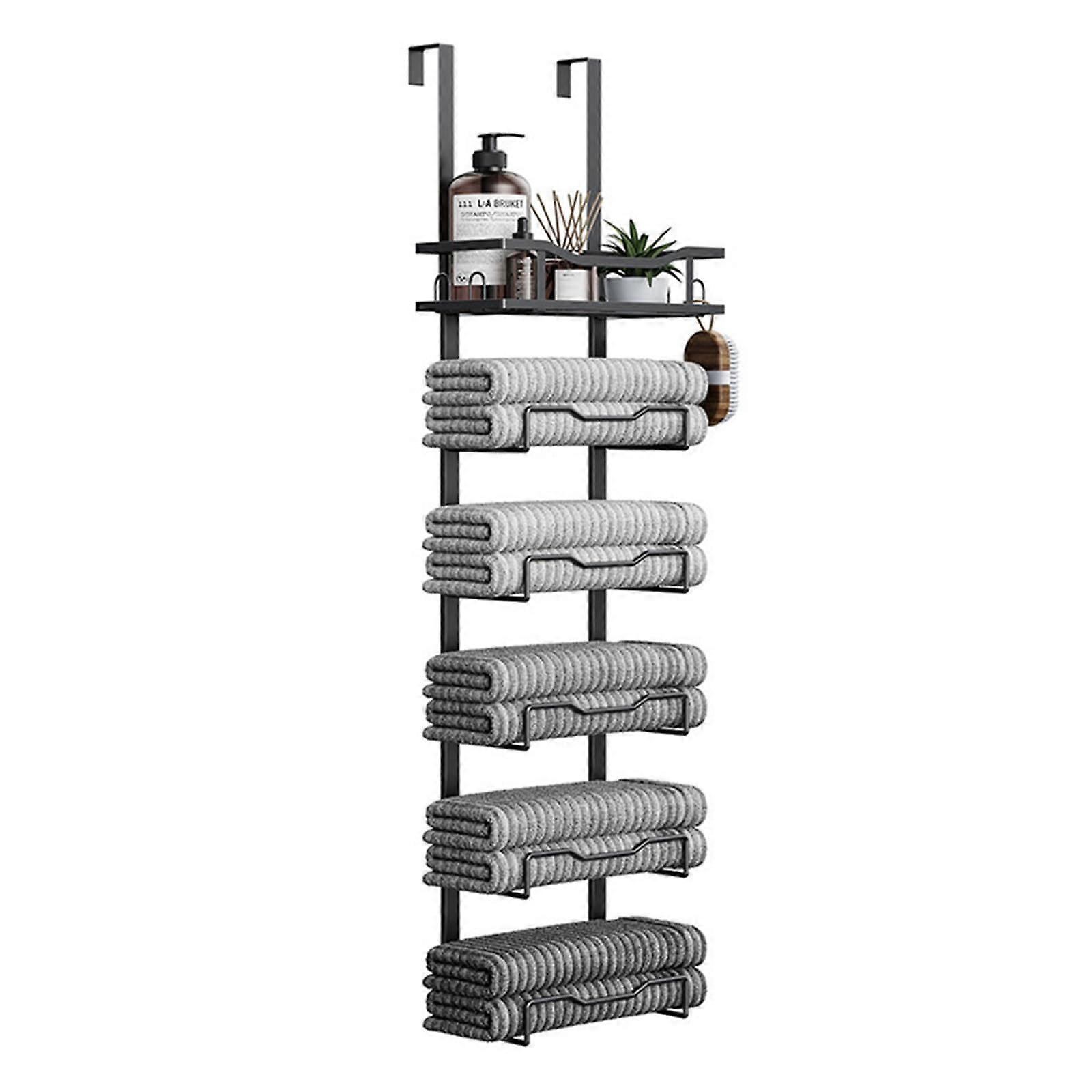 6 Tier Over Door Towel Rack with Basket, Drill Bathroom Towel Holder for Space Saving Storage