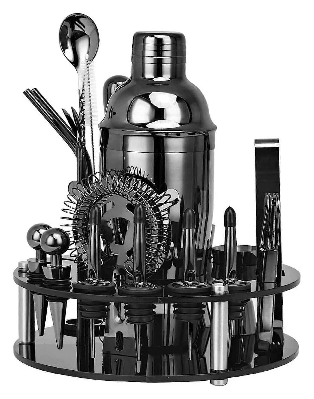 Black Stainless Steel Cocktail Shaker Set with Rotating Stand, 750ml Complete Bartending Kit