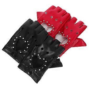 2 Pairs Kids Fingerless Gloves: Glittery Heart Cutout Design - Pu Leather Half-Finger Gloves For Halloween Costume - Punk Style Dress-Up