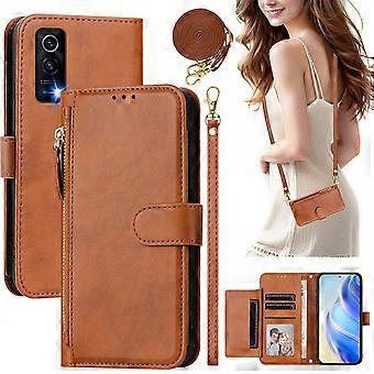 Flip Case for VIVO Y72 5G/Y52 5G Protection Soft PU Leather Zipper Wallet Cover with Card Holder and Long Strap