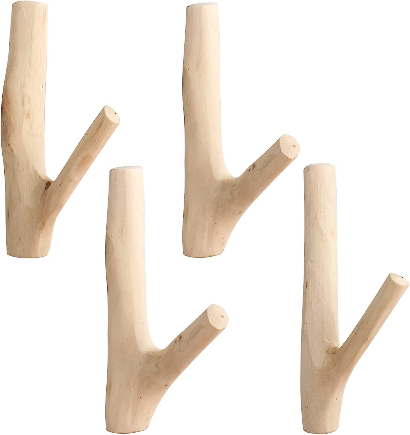 Natural Wood Hooks,4 Pieces Wooden Vintage Natural Coat Hooks,Wooden Handmade Coat Hooks,Natural Wood Wall Hooks for Coat Key Holder
