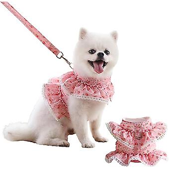 Dog Dress Harness Vest with Leash, Cute Puppy Harness Leash Set, Pet Flower Outfit Spring Summer, Dog Lace Princess CostumeL