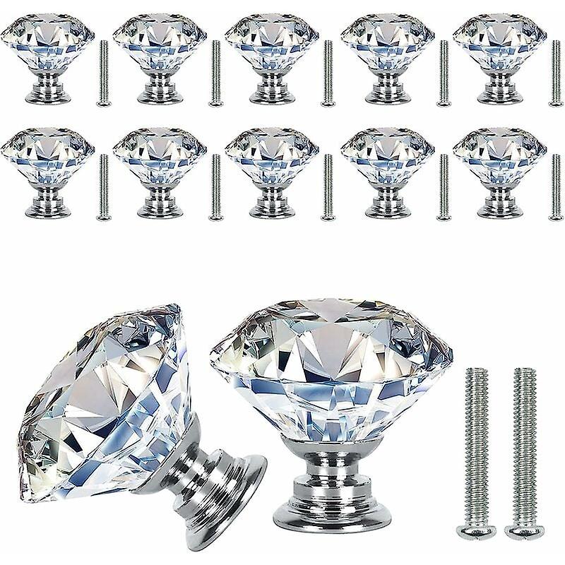 12PCS 30mm Clear Diamond Door Knobs with Screws Crystal Cabinet Drawer Pull