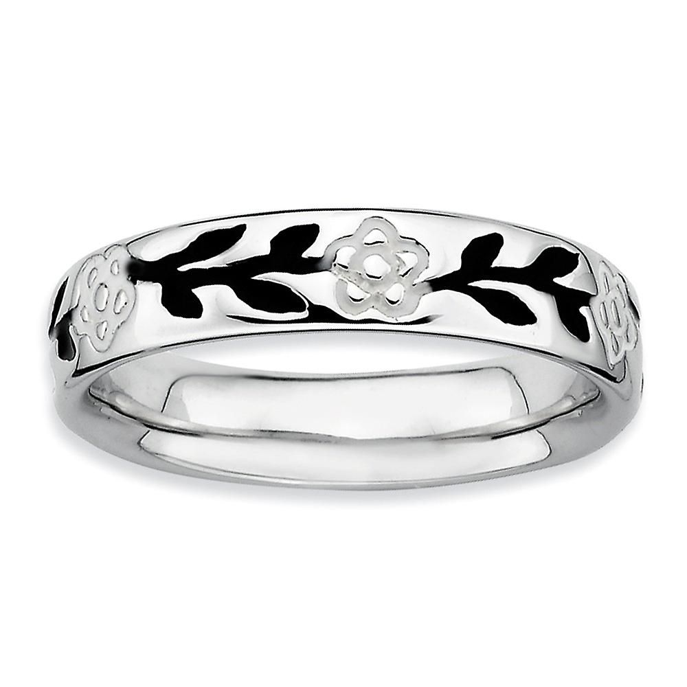 925 Sterling Silver Patterned White Enamel Stackable Polished Enameled Flower Ring-Stackable-Ring for Women - Ring Size: