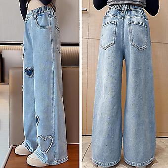 Girls Wide Leg Denim Pants Elastic Waist Pant Heart Pattern Print