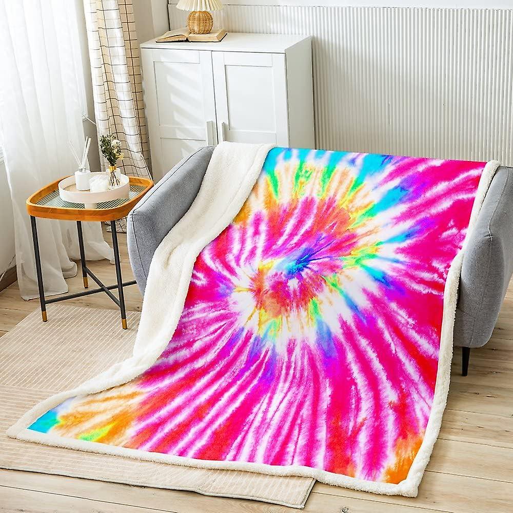 Boho Tie Dye Plush Blanket Tie Dyed Fleece Throw Blanket for Bed Sofa Psychedelic Bohemian Gypsy Red Yellow Sherpa Blanket Rainbow Swirl Double