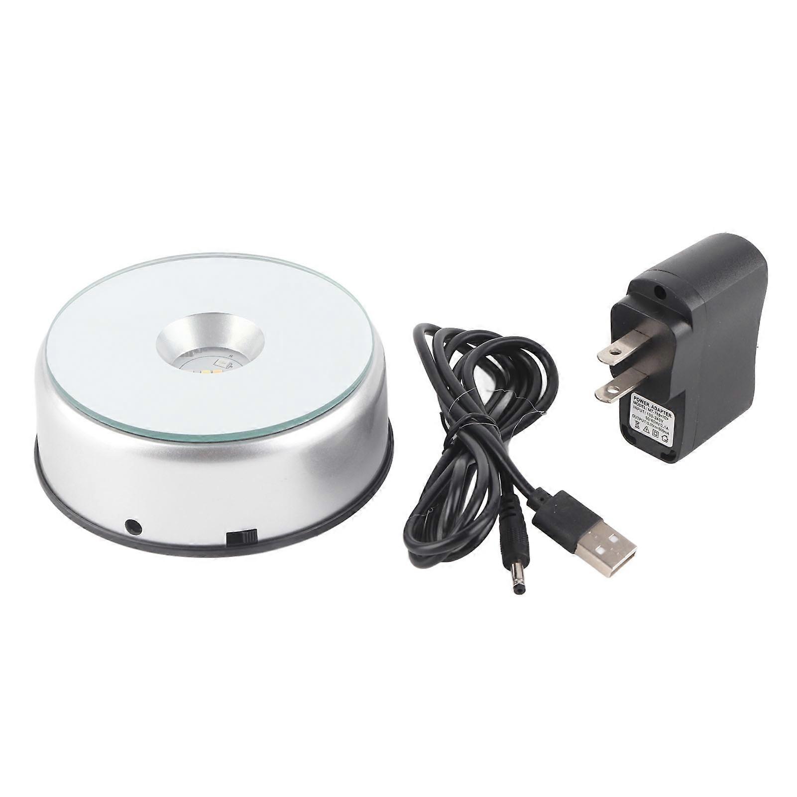 Support de support de base d’affichage en cristal rotatif de lumière colorée à LED avec adaptateur AC US Argent