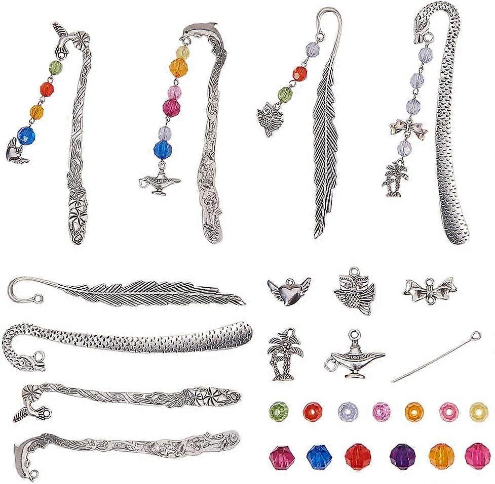 DIY 4 Set Metal Hook Bookmarks Making Kit Include Instruction 4pcs Dolphin Leaf Dragon Bird Bookmark Assorted Beads Heart/Tree/Flagon/Owl Charm Pendan