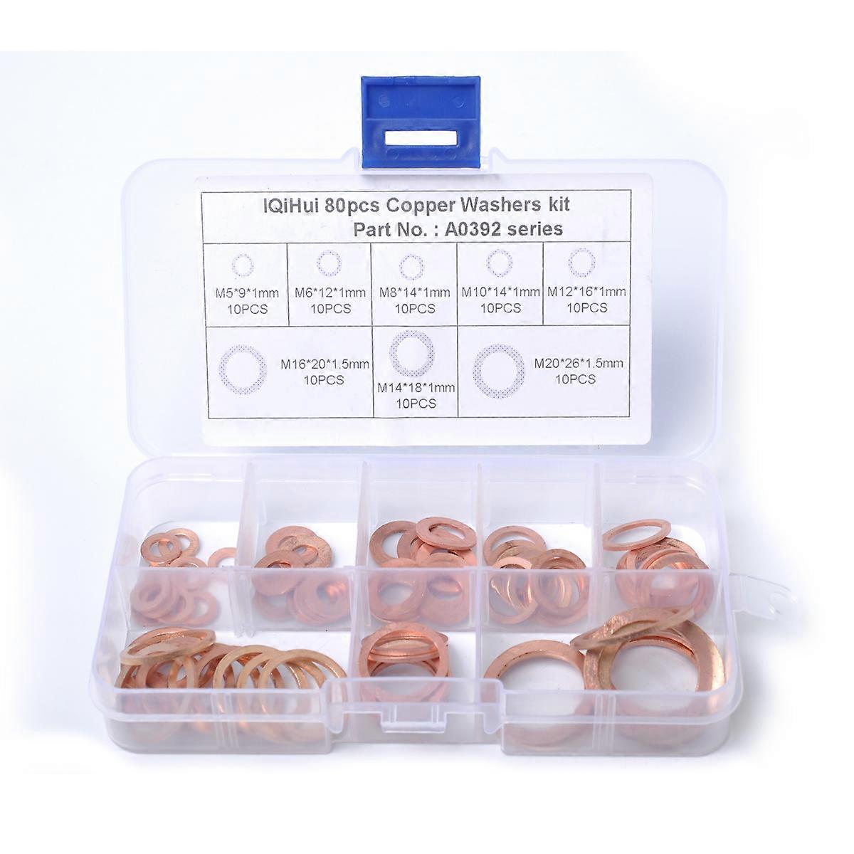 80 Pcs 8 Sizes Solid Copper Washers Sump Plug Assortment Washer Set Plastic Box Professional Hardware Accessories