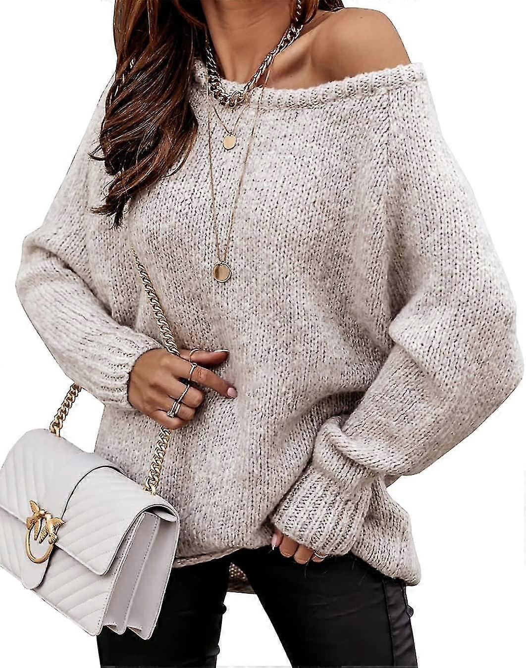 Damen Lässige Langarm-Herbstpullover Rundhalsausschnitt Einfarbig Weicher gerippter gestrickter Oversize-Pullover Lockerer Pullover