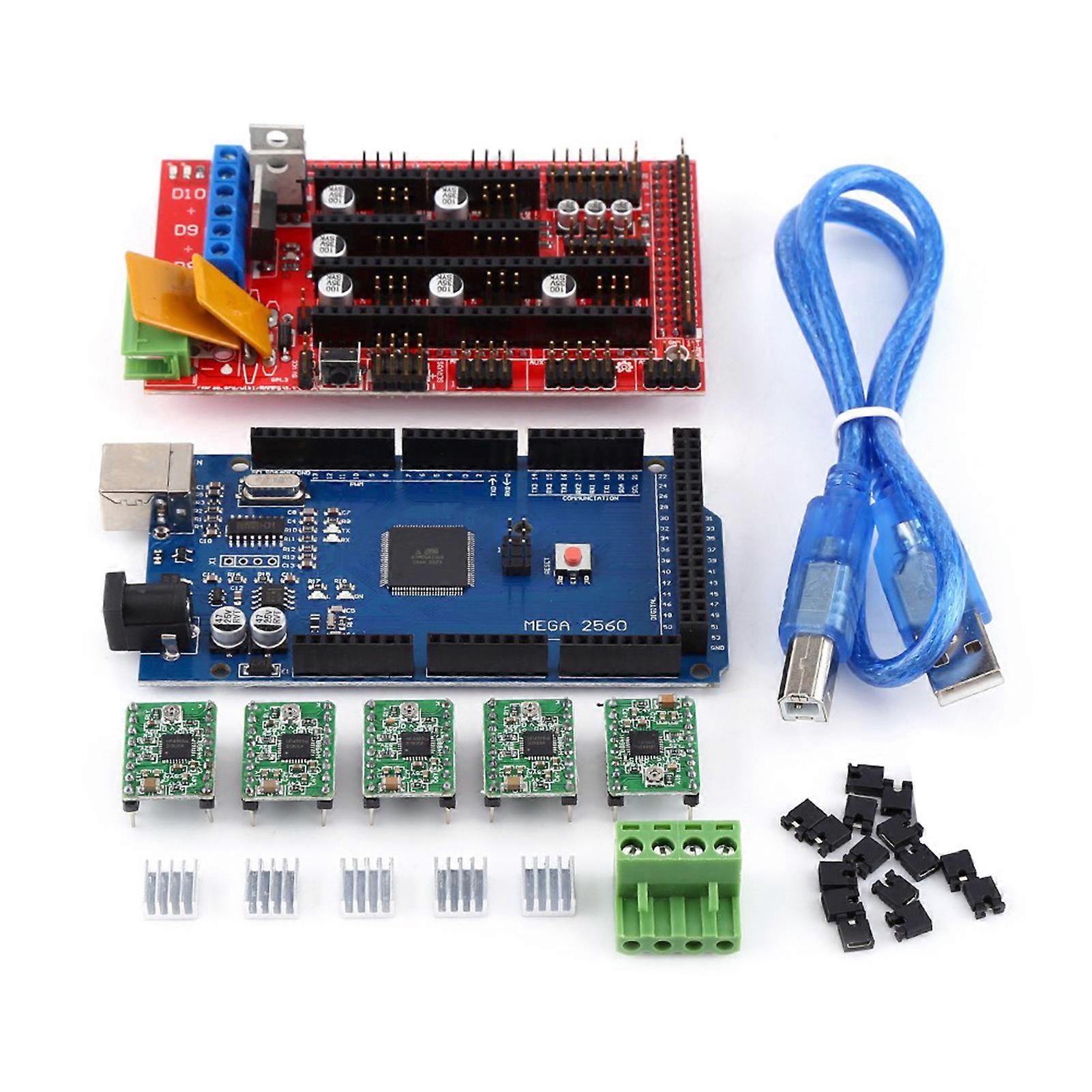 Scheda controller RAMPS 1.4 per stampante 3D per R3 + A4988 con dissipatore di calore e kit di ponticelli per cavi USB
