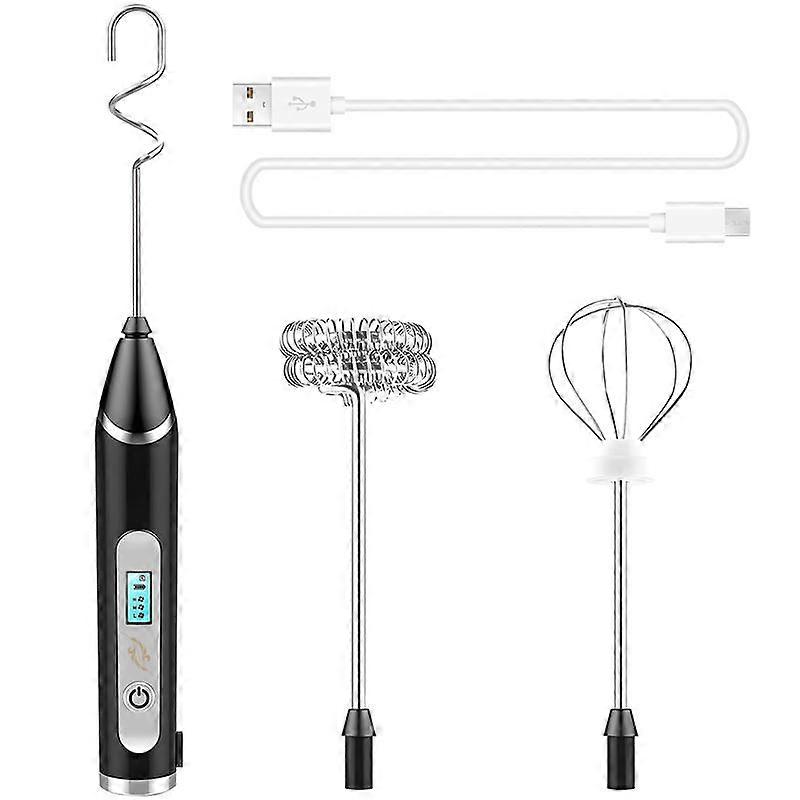 , USB Rechargeable LCD Hand Mixer with 3 Stainless Steel Whisk, 3 Speeds Handheld Frother Whisk, El