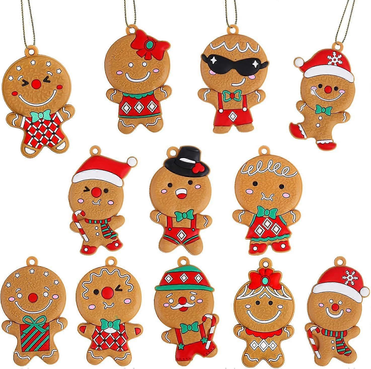 Christmas Gingerbread Ornaments,12 Pack Assorted Ginger Man Clay Figurine With Strings For Xmas Tree Decorations