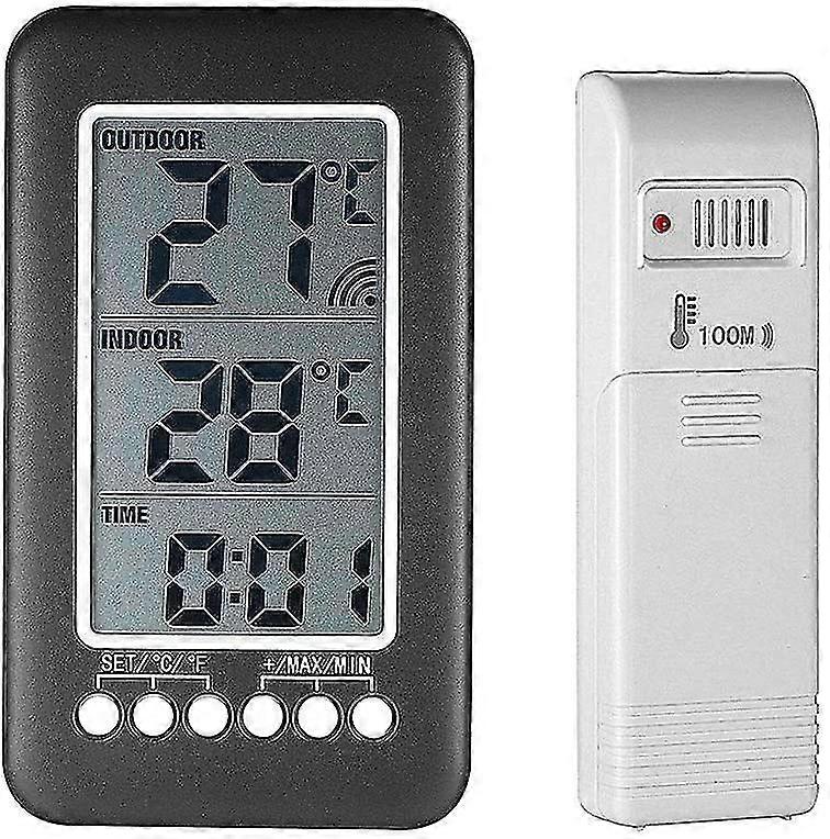 Wireless Indoor Outdoor Thermometer With Clock Digital Wireless Weather Station With Outdoor Sensor, Black