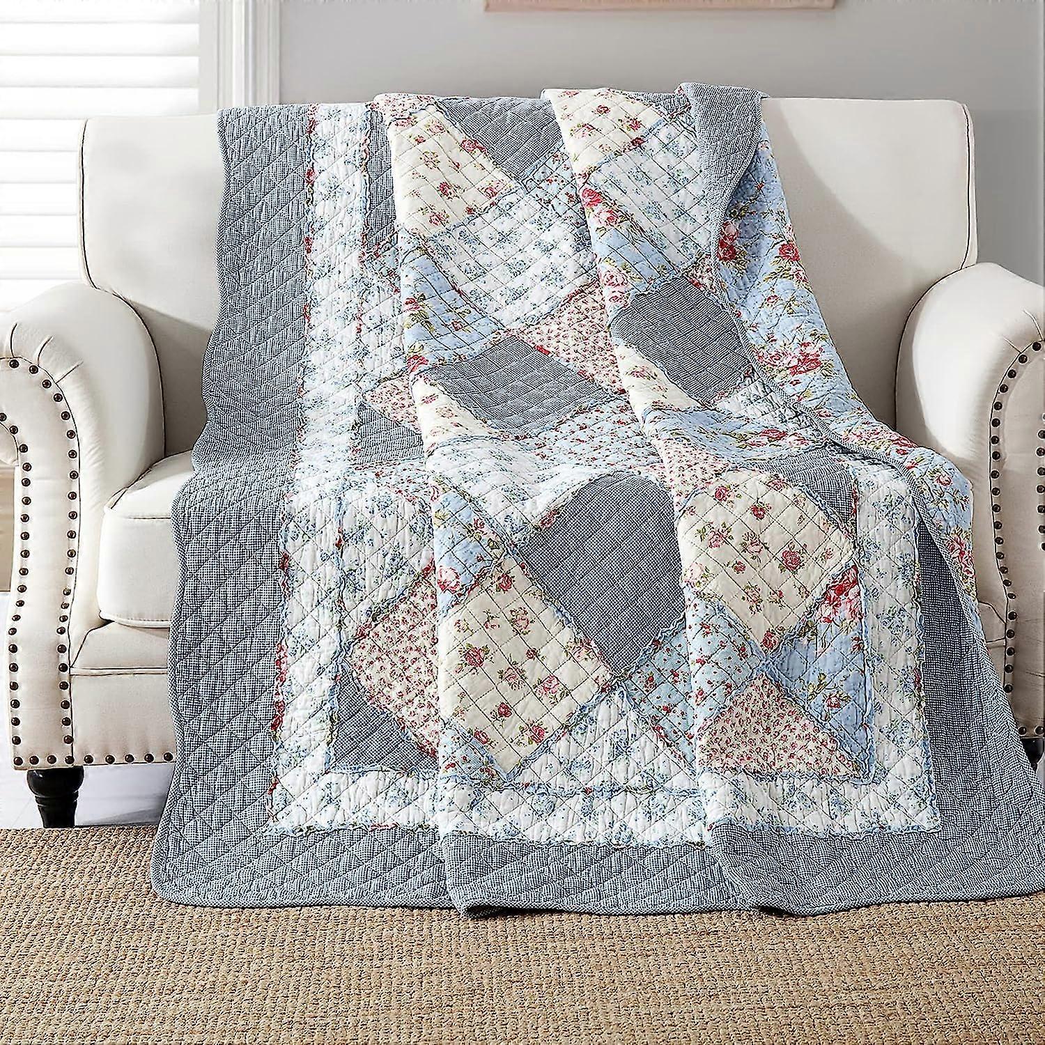 Blue bedspread 130x150cm, soft and comfortable 100% cotton single bedspread, blue patterned patchwork bedspread, real patchwork bedspread, suitable fo