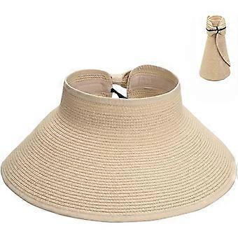 Rollable Ladies Wide Brim Straw Sun Visor Hat, Foldable Summer Sunhats for Womens with Bowknot
