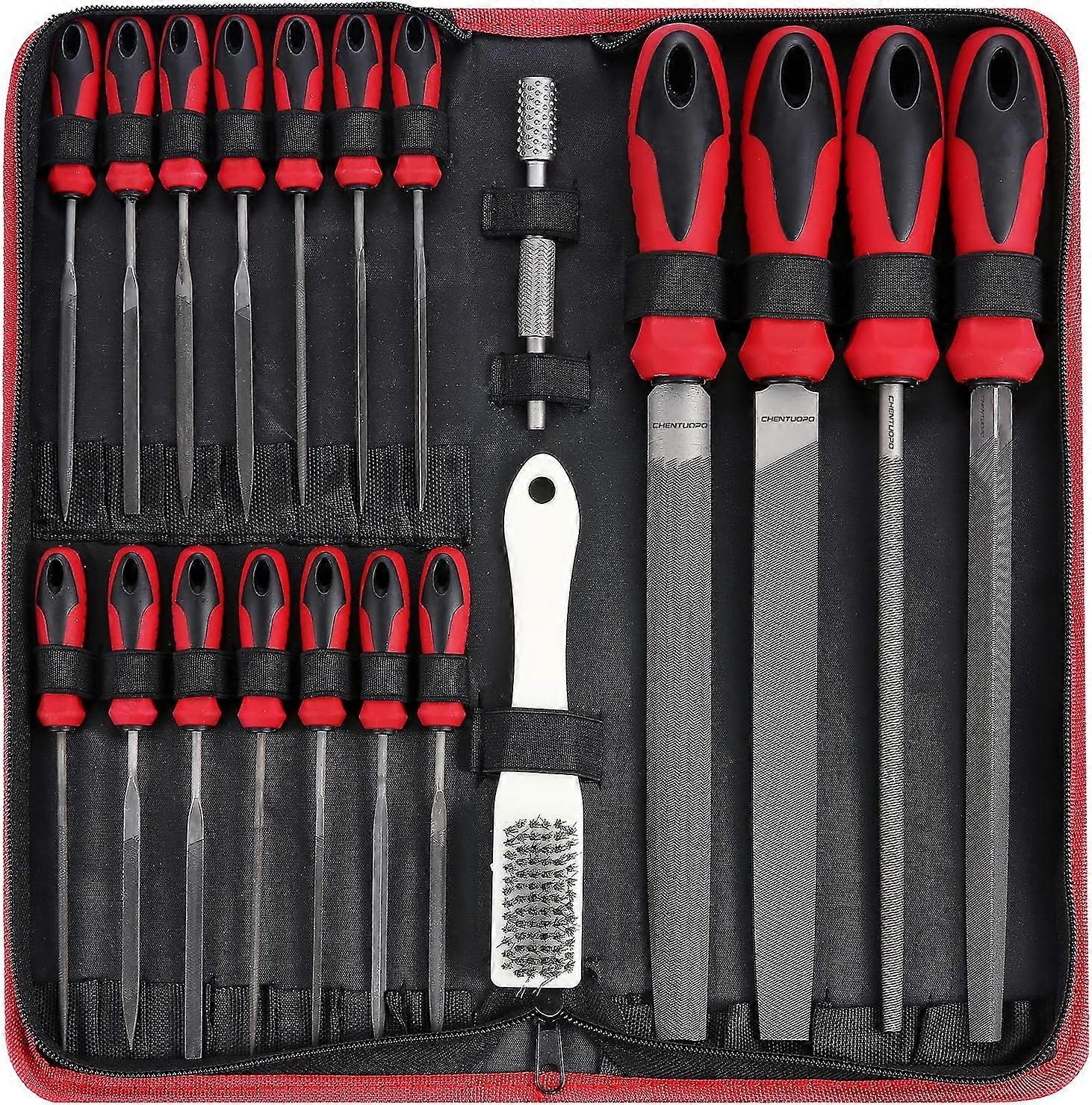 57-piece metal and wood file set, T12-grade forged alloy steel, 4 large tools, half-round/round/triangle/flat, 14 needle files and a pair of power fil