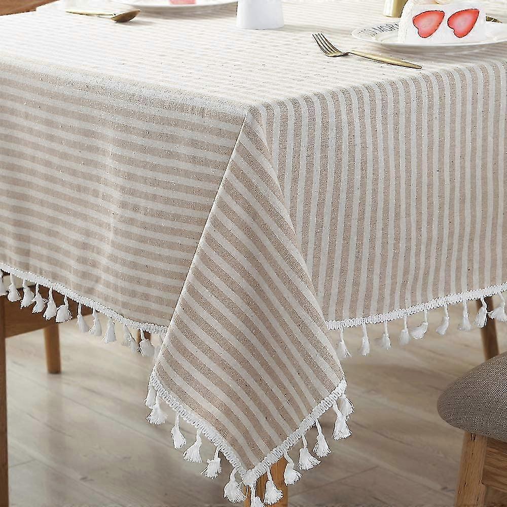 Cotton Linen Table Cloth Stripe Tassel Rectangle Tablecloth Dust-Proof Table Cover for Kitchen Dinning Tabletop Decoration (140cm x 180cm, Beige)