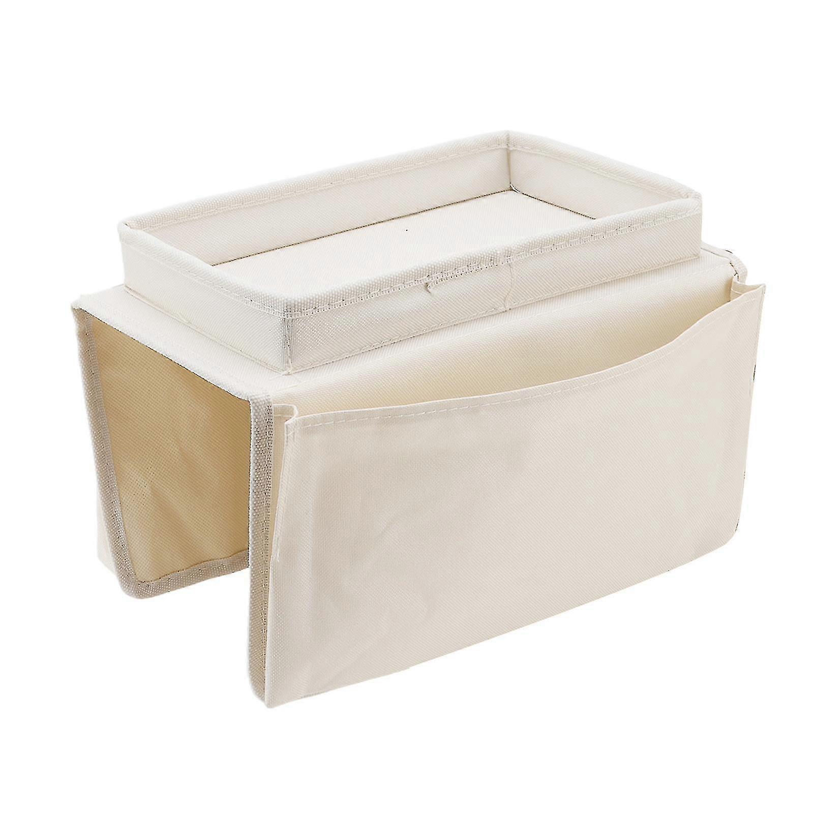 Sofa Tray Folding Arm Storage Holder Table 600D Oxford Cloth Side Pockets for Couch Beige