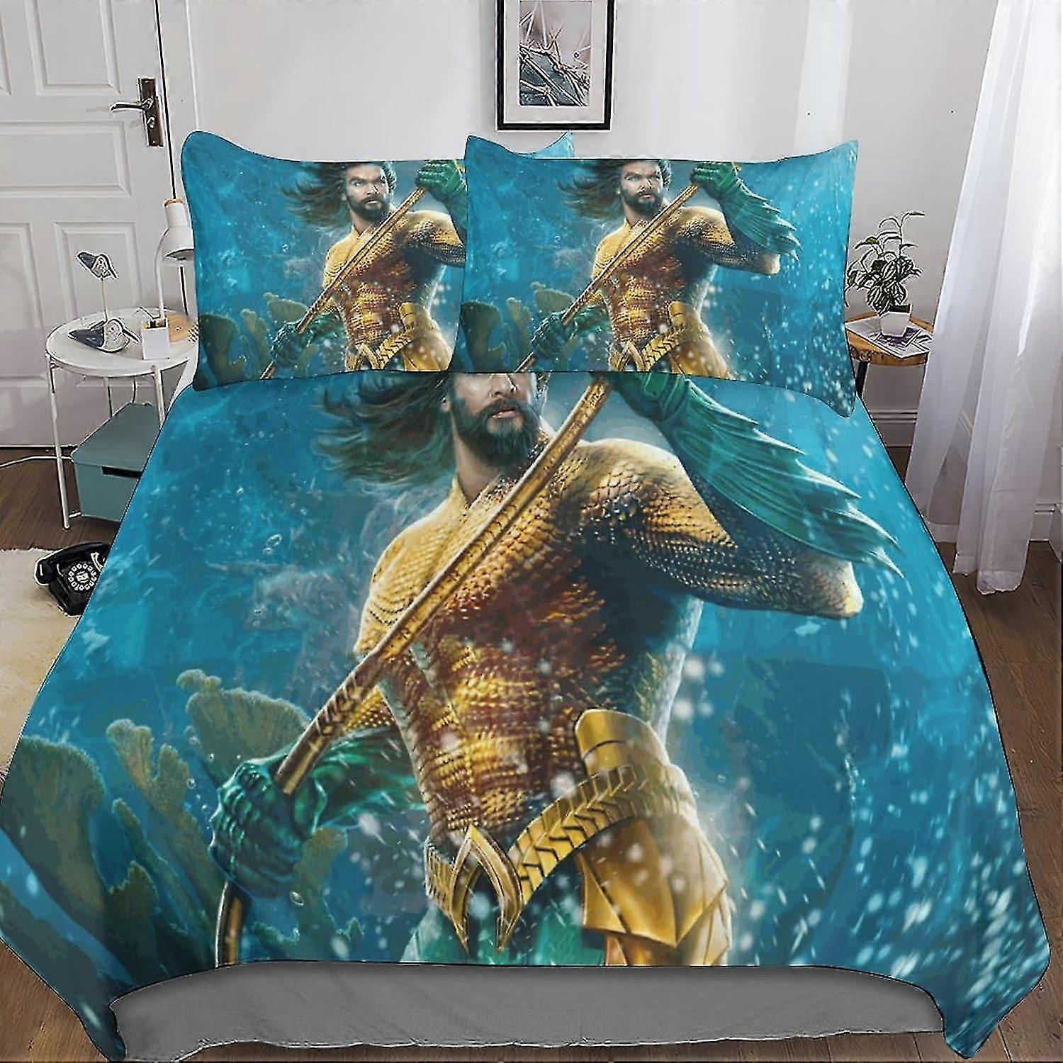 o5719 Lençóis Aquaman Conjunto de Capa de Edredom Impressa em 3D Microfibra Macia Sea King Capa de Colcha 3 Peças com Fecho de Zíper Capa de Edredom e Pillwocase Q