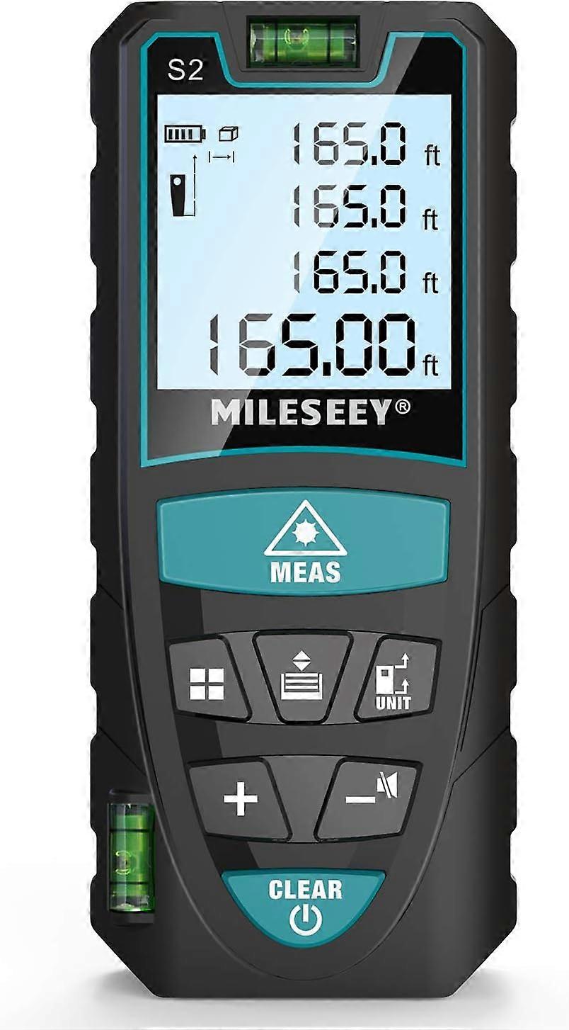 50m Laser Afstandsmeter, Mileseey door 2 Bubble Levels 2mm Digitale Lasermeter met LCD Backlight & 4 Line Display, IP54 Afstand Oppervlakte Volume Meting