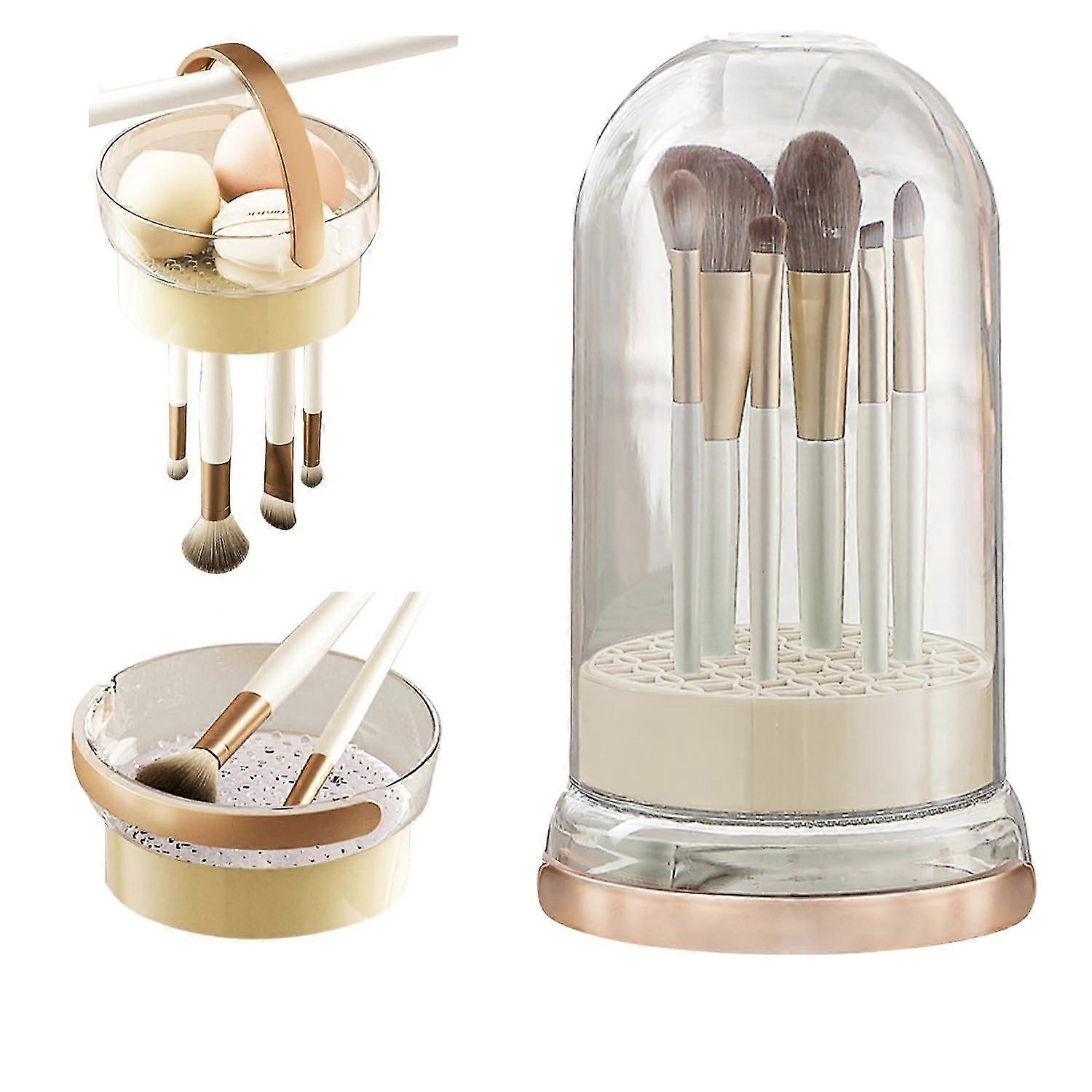 Makeup Brush Cleaner Bowl, 3 in 1 Makeup Brush Cleaner Mat & Brush Drying Holder, Dustproof Makeup Brush Organizer with Lid