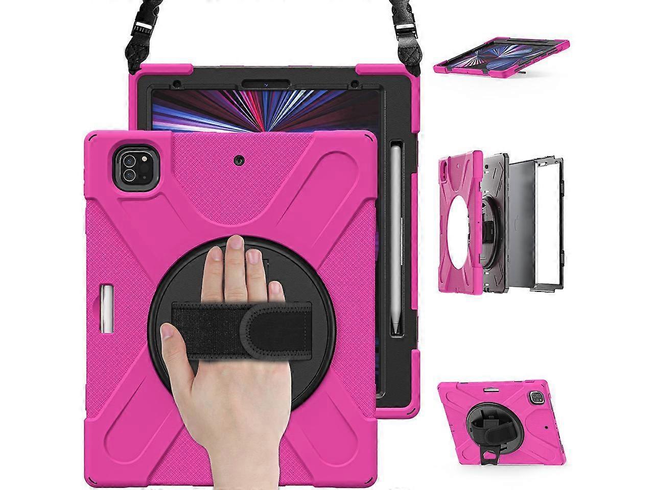 iPad Pro 12.9 Case 2021 5th Generation, Shockproof Rugged Drop Protection Cover with Pencil Holder and Rotating Kickstand Hand Strap / Shoulder Strap 