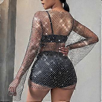 Women Sexy See Through Mesh Flare Long Sleeve Mini Dress Glitter