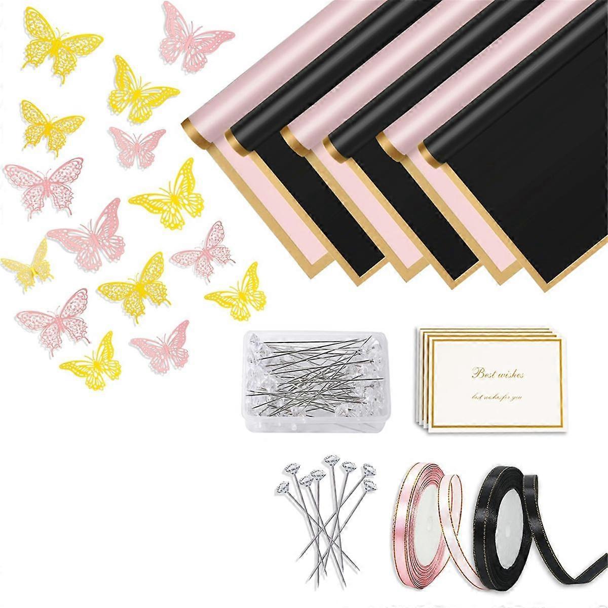 200 Stück Blumengeschenkpapier-Kit, 40 Blatt wasserdichtes Blumengeschenkpapier, schwarzes und rosa Blumenstrauß-Geschenkpapier