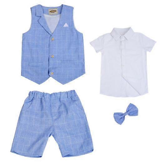 4Pcs Boy Suits Summer Cotton/Blend Kids Vest Short Set, Waistcoat Suits