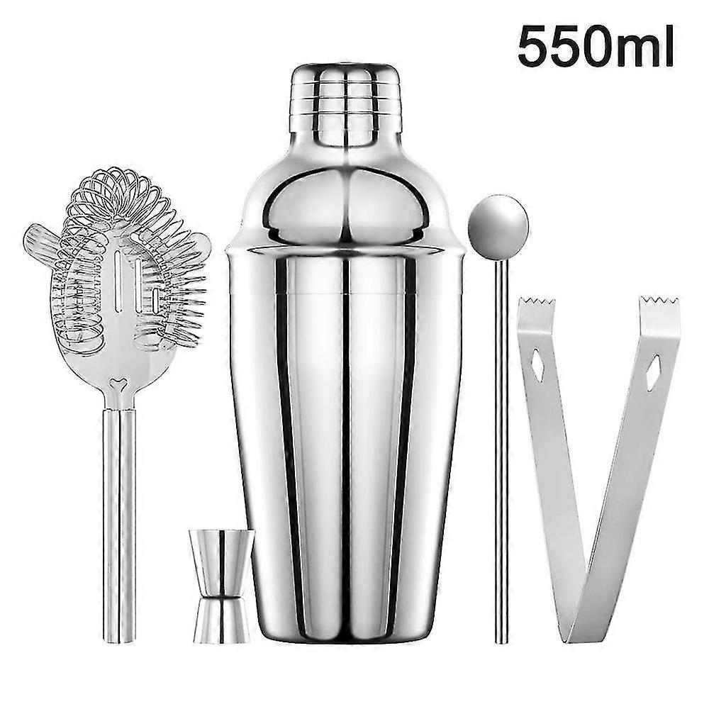 5 Piece Set Cocktail Mixer Bartender Set Cobbler Shaker Stainless Steel Cocktail Mixing Shaker Set With Strainer, 550ml