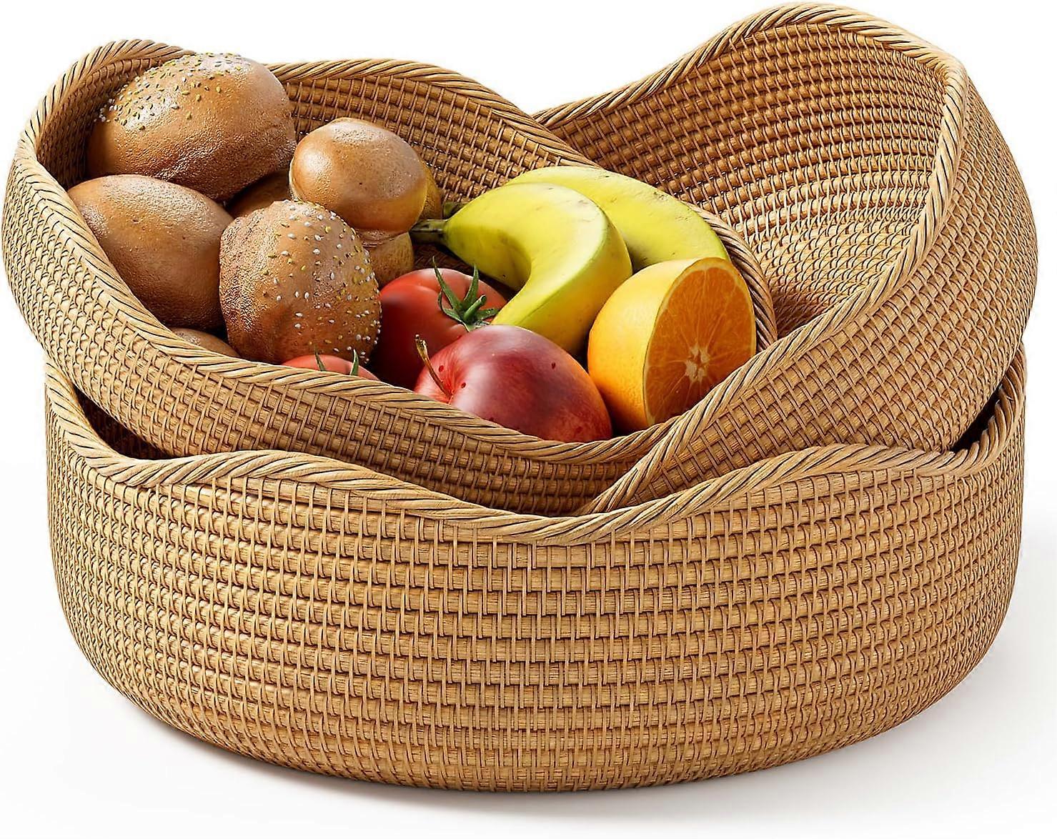 3 Pack Hand Woven Round Bread Basket for Serving and Picnic in Honey Brown Size