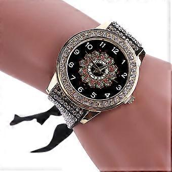 Impression à la mode Cadran Strass Tissu Bandage Femmes Montre à Quartz (Marron)