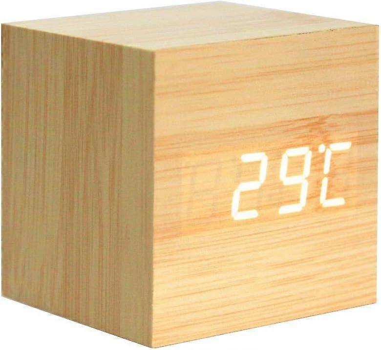 Wooden Alarm Clock - Mini Digital Clock with Temperature Time Display, 3-Level Brightness and Voice Control Ideal for Home Travel - Yellow_White
