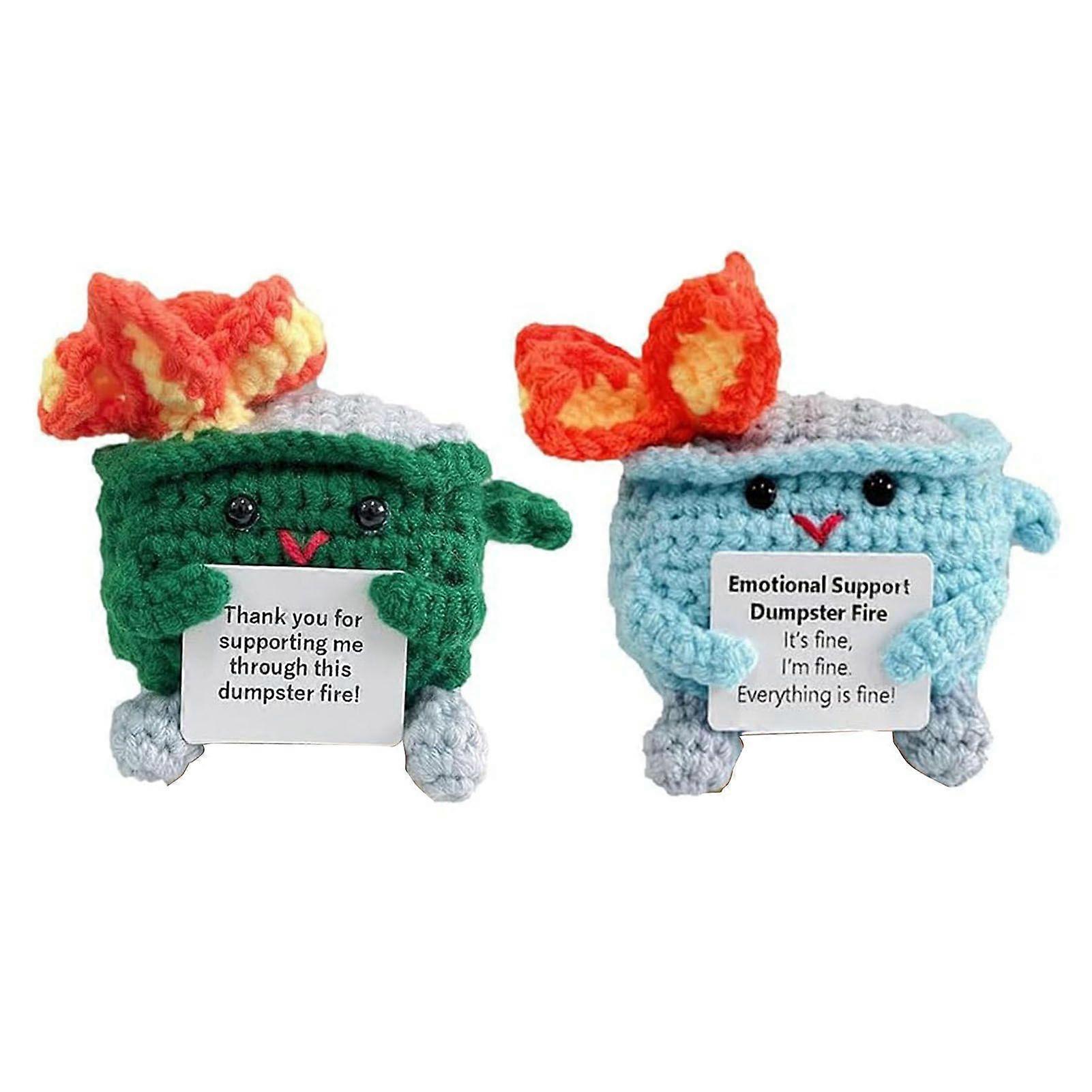 2Pcs Positive Crochet Flame Dumpster with Encouraging Card Emotional Support Handmade Knitting Trash Can Doll Decoration Ornament